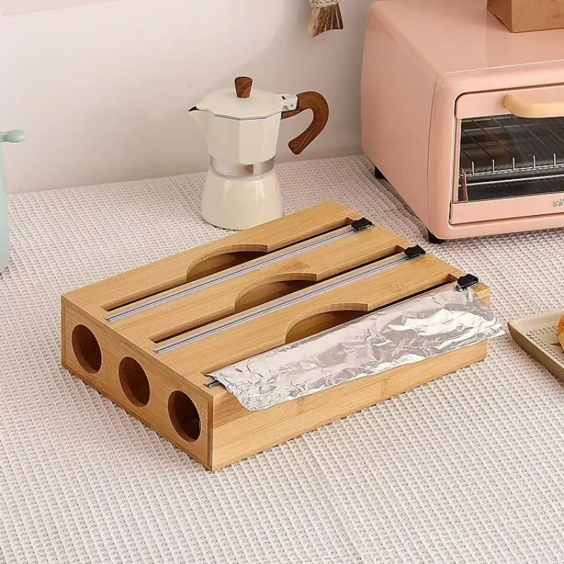 Wood Plastic Wrap Dispenser Kitchen Wall Mounted Storage Box Bake Paper Holder Trash Bag Organizer Cling Film Cutter Multi Layer