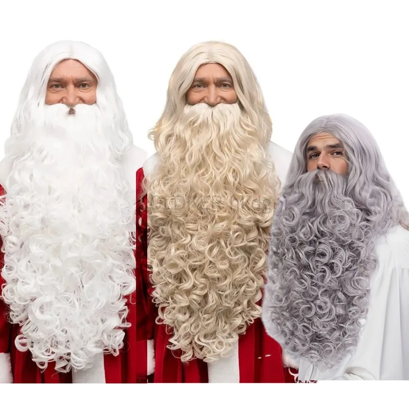 

Christmas Costumes Santa Wig Long Curly White Wizard Wig and Beard Set for Cosplay Halloween Mustache Old Man Sorcerer Costume