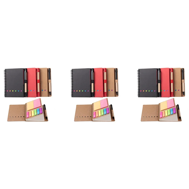 

Portable 9 Packs Spiral Notebook Steno Pads Lined Notepad With Pen In Holder, Sticky Notes, Page Marker Colored Index Tabs Flags
