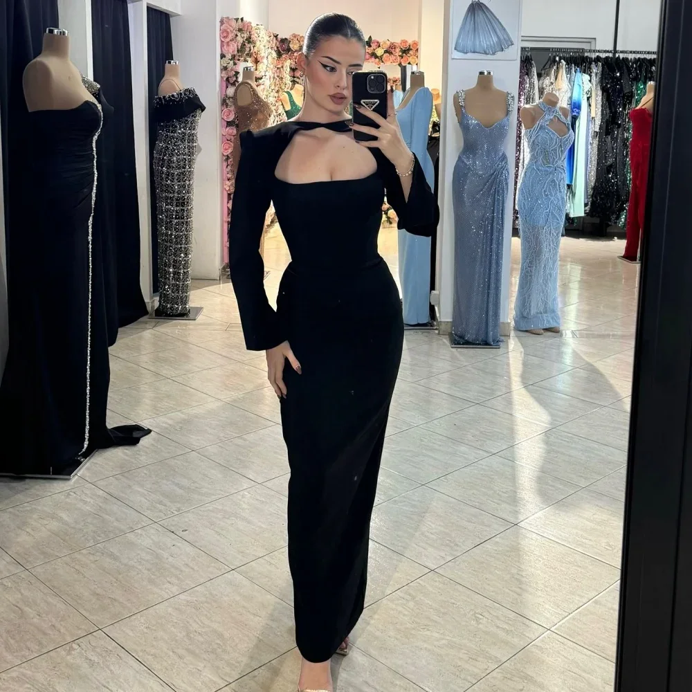 Grazioso abito da ballo in raso elasticizzato a quattro vie Abiti da sera personalizzati alla caviglia Abiti da festa a maniche lunghe