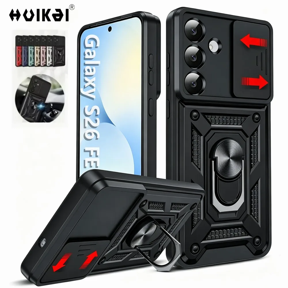 Case For Samsung Galaxy S26 FE S26 Ultra S25 A18 A57 Slide Camera Lens Military Grade Bumpers Armor Ring Holder Kickstand Cover