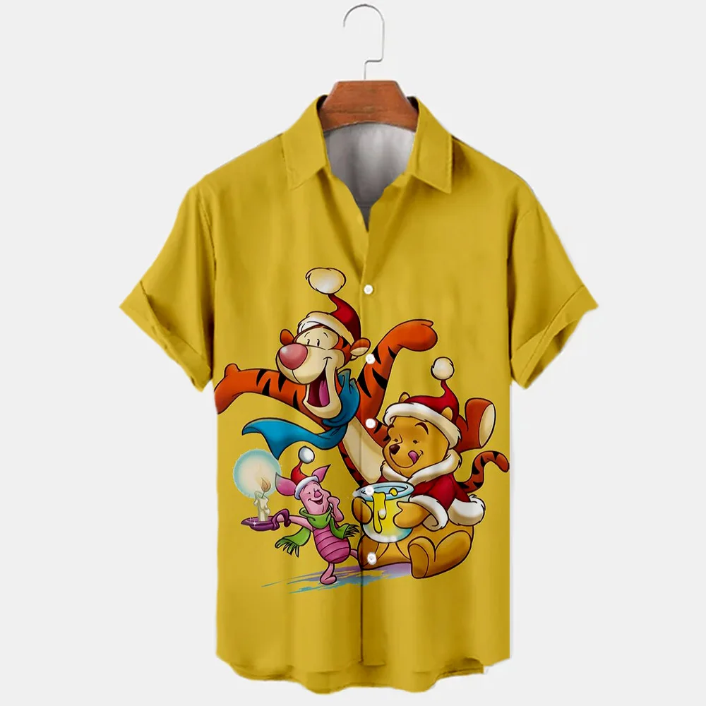 New Christmas Disney Brand Cute Winnie The Pooh And Mickey Anime 3D Printed Men\'s Lapel Short Sleeve Shirt Fashion Casual Top