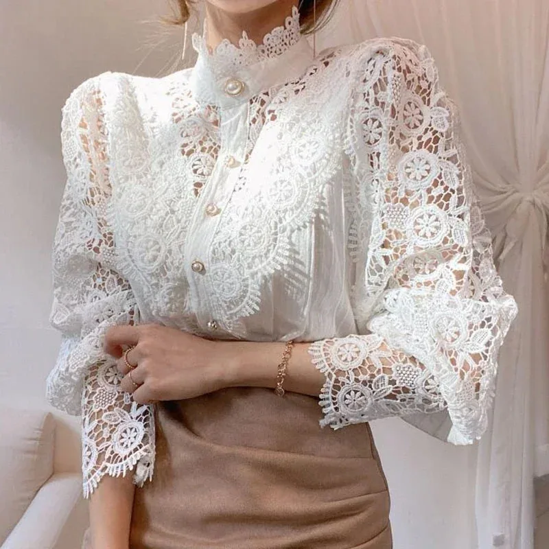 Shirt Women Blusas Mujer De Moda Office Lady Flower Blouse Spring Hollow Out Lace  Stand Collar Button Female Clothing 12419