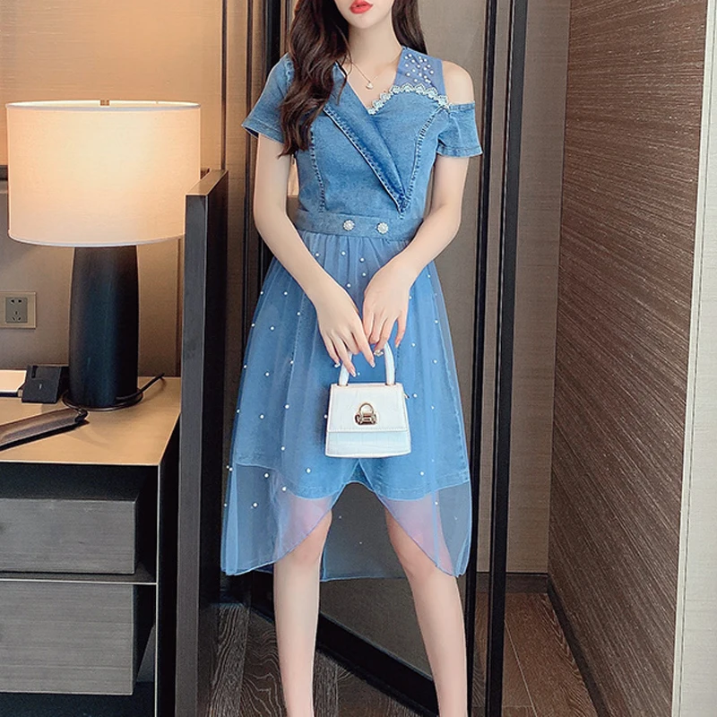 Summer Fashion Sexy Off Shoulder Beaded Elegant Mesh Denim Dresses for Women V Neck Short Sleeve Slim Sweet Midi Dress Vestidos