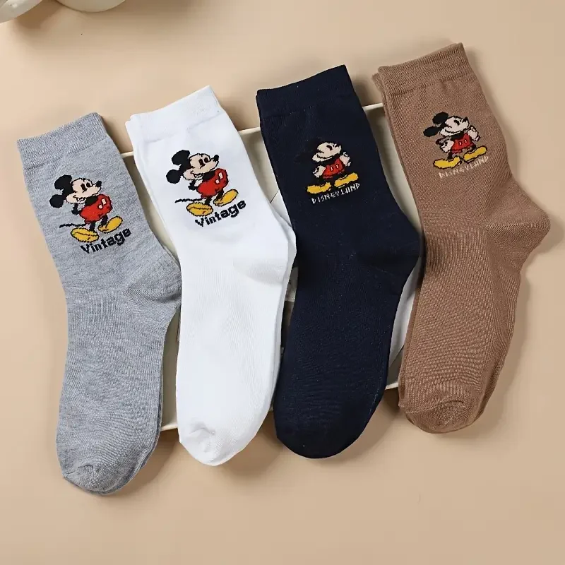 4 Pairs of Vintage Cartoon Harajuku Women's Mid Calf Socks With Personalized Letter Printing Cotton Casual Socks for Couples