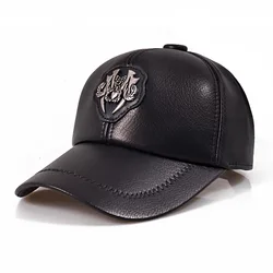 Spring/Winter Man Genuine Leather Badge Black Baseball Caps Male Casual Sheepskin Belt 55-60 Adjustable Sprot Flight Hats