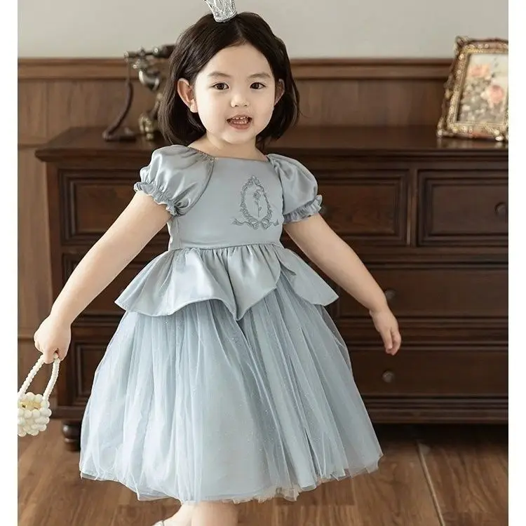 Girls Fluffy and Flowing Dreamy Princess Dress 2024 Summer Sweet and Cute Elastic Gathered Bubble Sleeve Dress