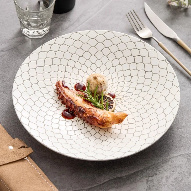 Glazed Ceramic Dinner Plate Hotel Tableware Black Line Artistic Conception Dinner Plate Round Soup Plate Special Tableware