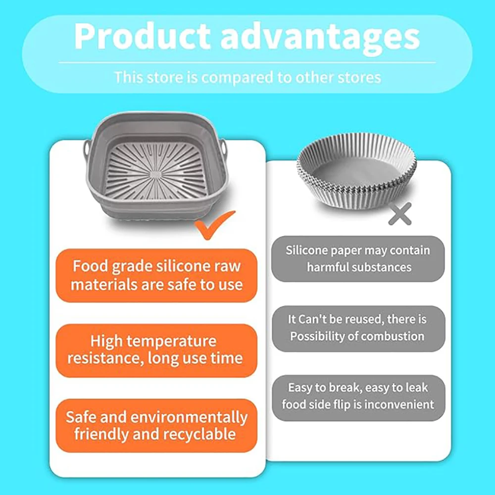 بطانات سيليكون مقلاة هوائية قابلة للطي ، صينية خبز قابلة لإعادة الاستخدام ، سلة غير لاصقة ، ملحقات مربعة ، 4-7 كيلو طن ، 8 بوصات
