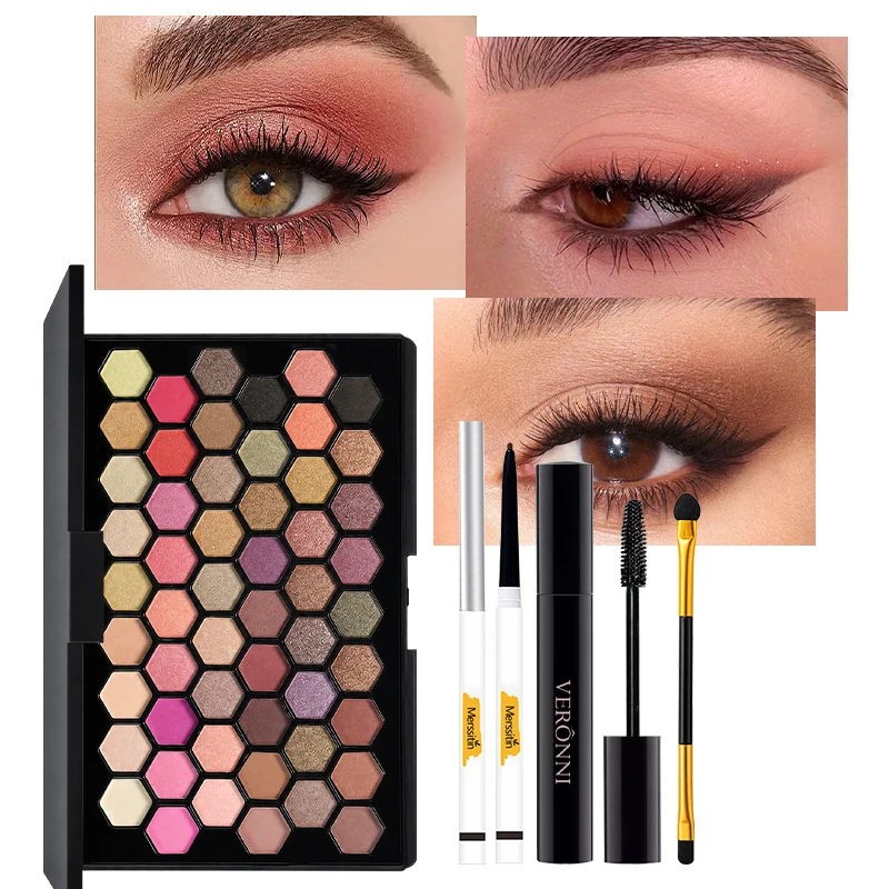 54 Colors Eyeshadow Palette Makeup Set with Mascara Eyeliner Gel Pen Eyeshadow Brush Matte Shimmer Colorful Pigmented Eye Kit