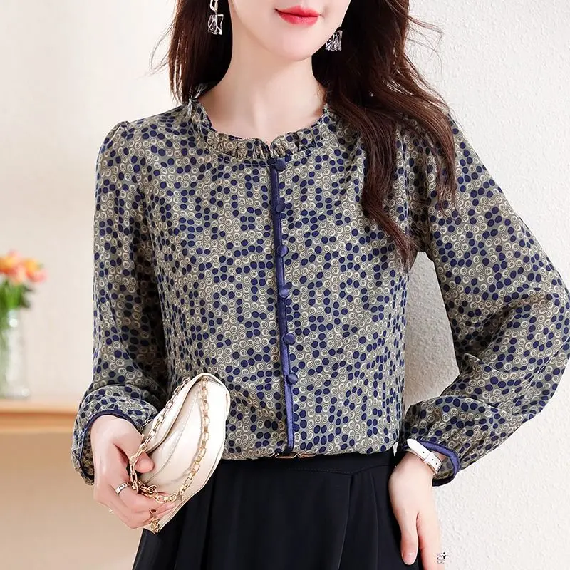 Women\'s Fashion Ruffled Printed Elegant Chic Blouse Vintage Casual Nine Quarter Sleeves Shirt Spring Autumn Stand Collar Blusas