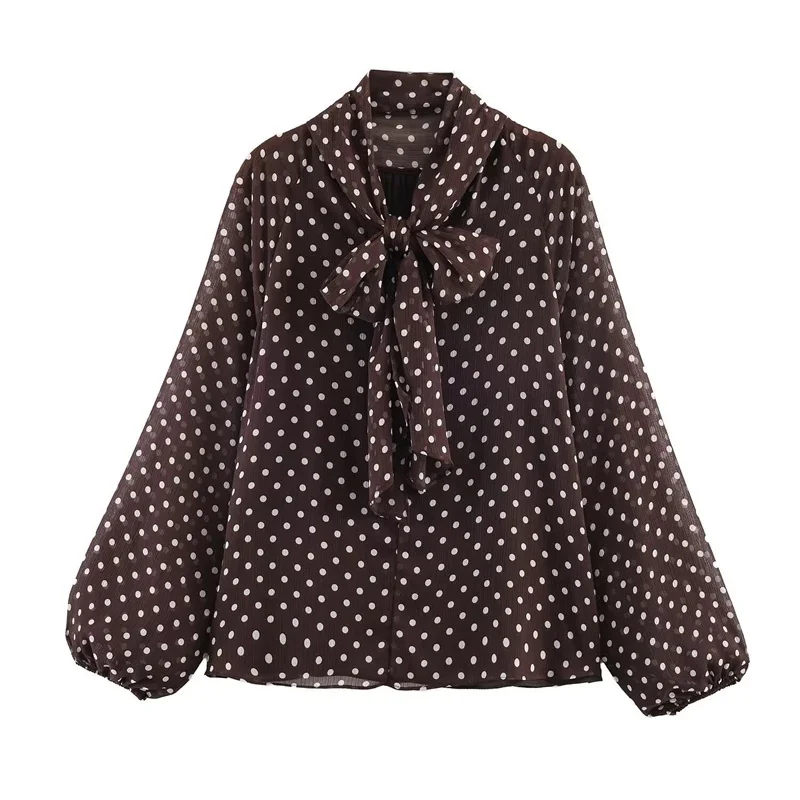 

Fashion Lantern Sleeve Polka Dot Shirt Pleated Long Sleeve Lace Up Blouse Comfortable Breathable Chiffon Blouses Office Lady