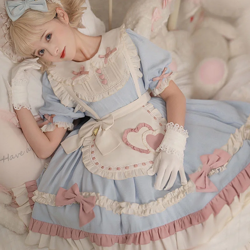 Robe de femme de chambre à manches courtes, jupes Lolita mignonnes, vêtements Lolita doux, Harujuku Goth, bleu bébé Kawaii, été