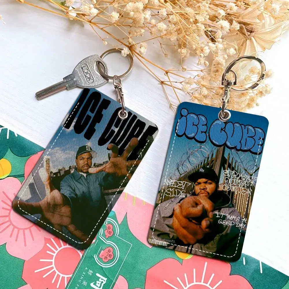 Hip Hop Music Stars Ice Cube Eazy-E Rectangle ID Card Case Keychain Access Card Bag Key Tag Ring Leather Card Holder Key Ring