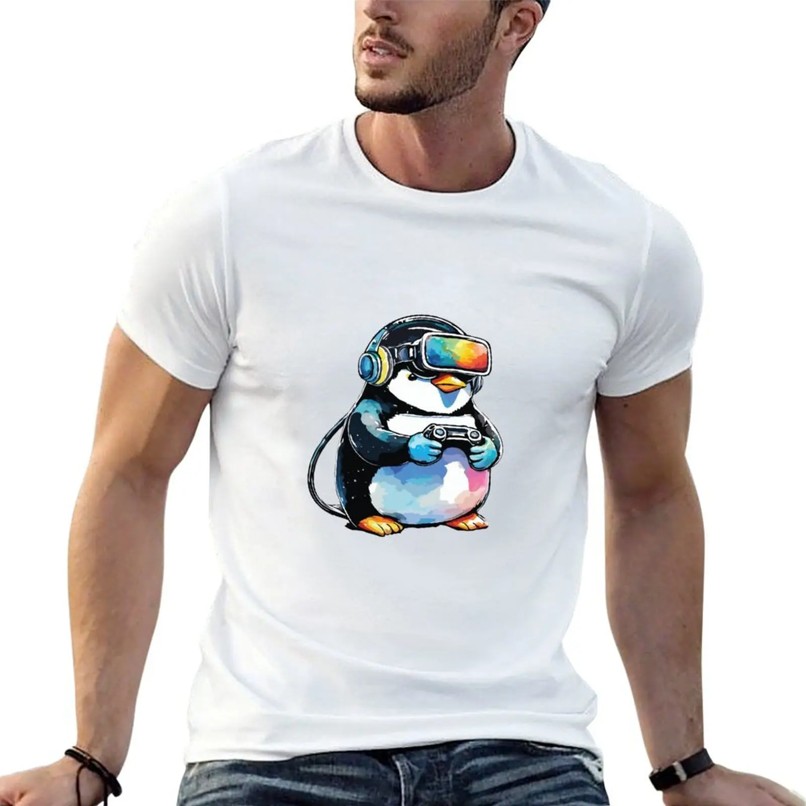 Kawaii fat penguin playing Game with virtual reality glasses T-Shirt man t shirt cotton t shirts for man graphic funny T-Shirt