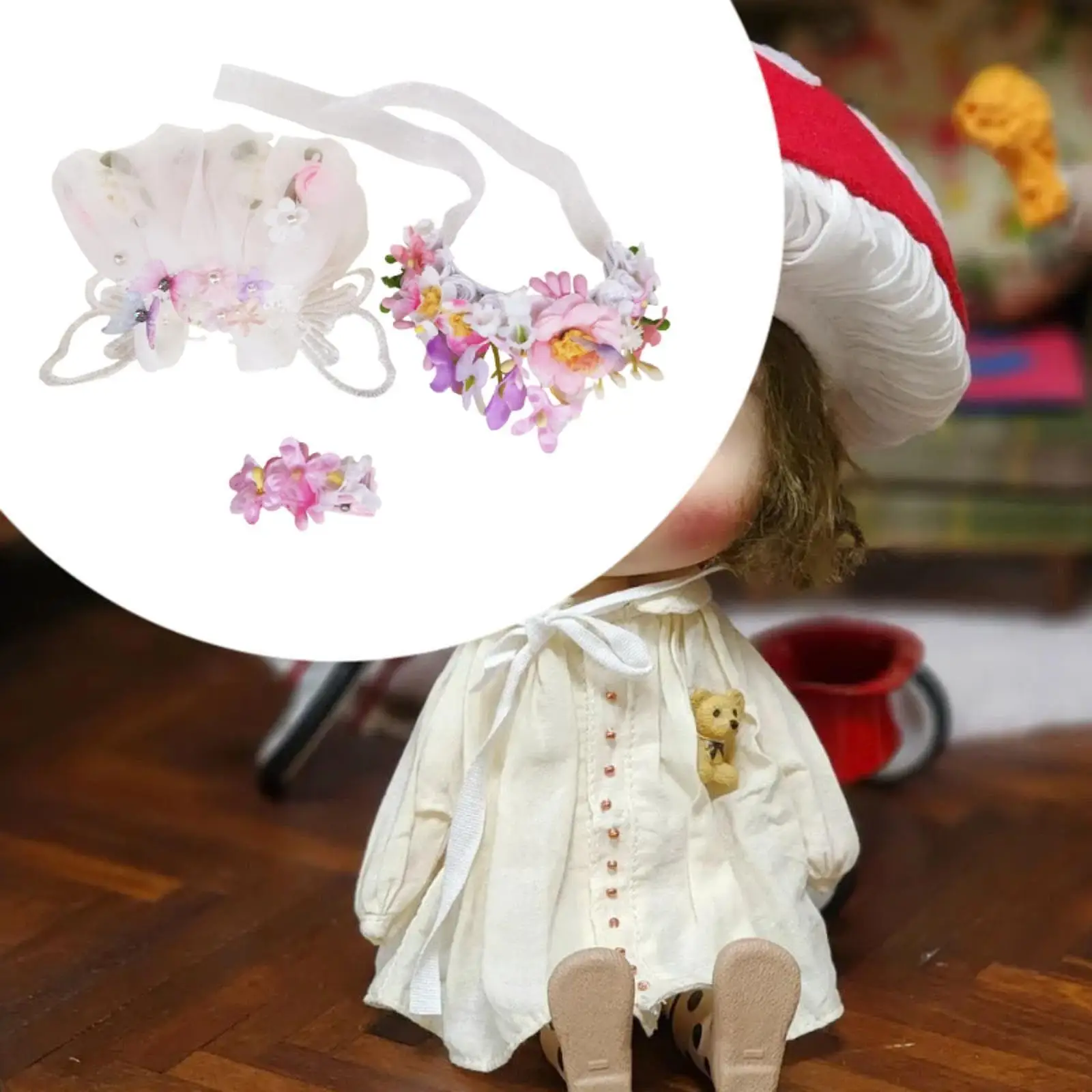 3Pcs Dolls Dress with Flower Headband Hairpin Costume Accs, Handmade Clothing for 15-17cm Dolls New Year Gifts