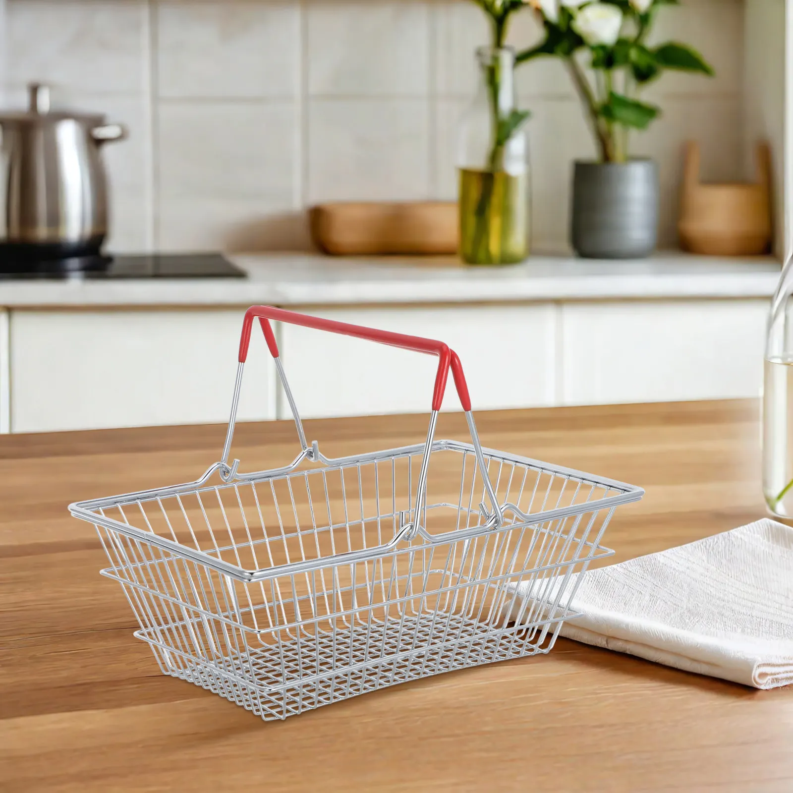 Stainless Steel Fruit Basket Metal Wire Bread Serving Snack Bowl Holder 9x6x3 Easy Carry Handle Kitchen Counter