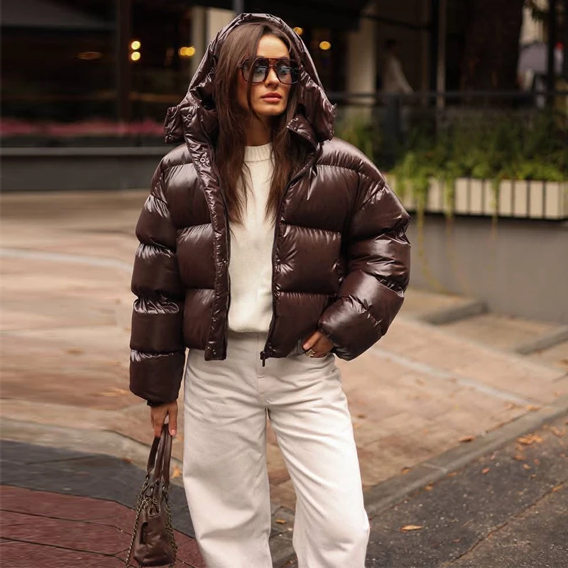 Women's Glossy Shiny Hooded Zip Cropped Puffer Jacket Oversized Loose Fit Long Sleeve Elastic Cuff Padded Warm Casual Winter Top 7