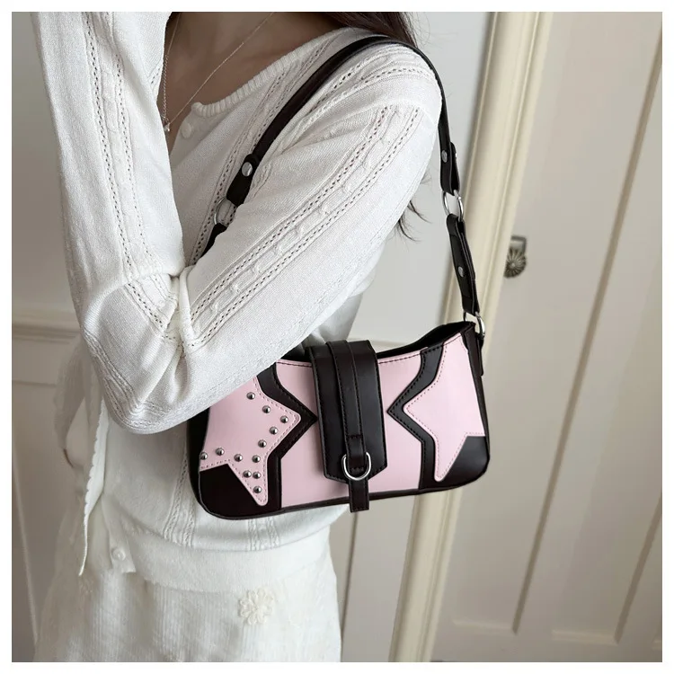 Y2k Rivet Star Thread Design Shoulder Underarm Bags for Women Lightweight Cool Girls Handbag Portable Ladies Square Phone Bag