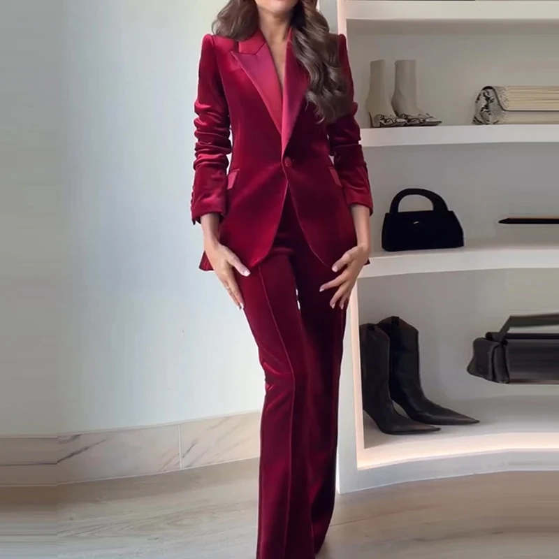 Lässige Langarm-Jacke und Hose, zweiteilige Sets für formelle Anlässe, schmale Passform, Damen-Outfits, neuer 2026-Frühlings-Samt-Pendleranzug