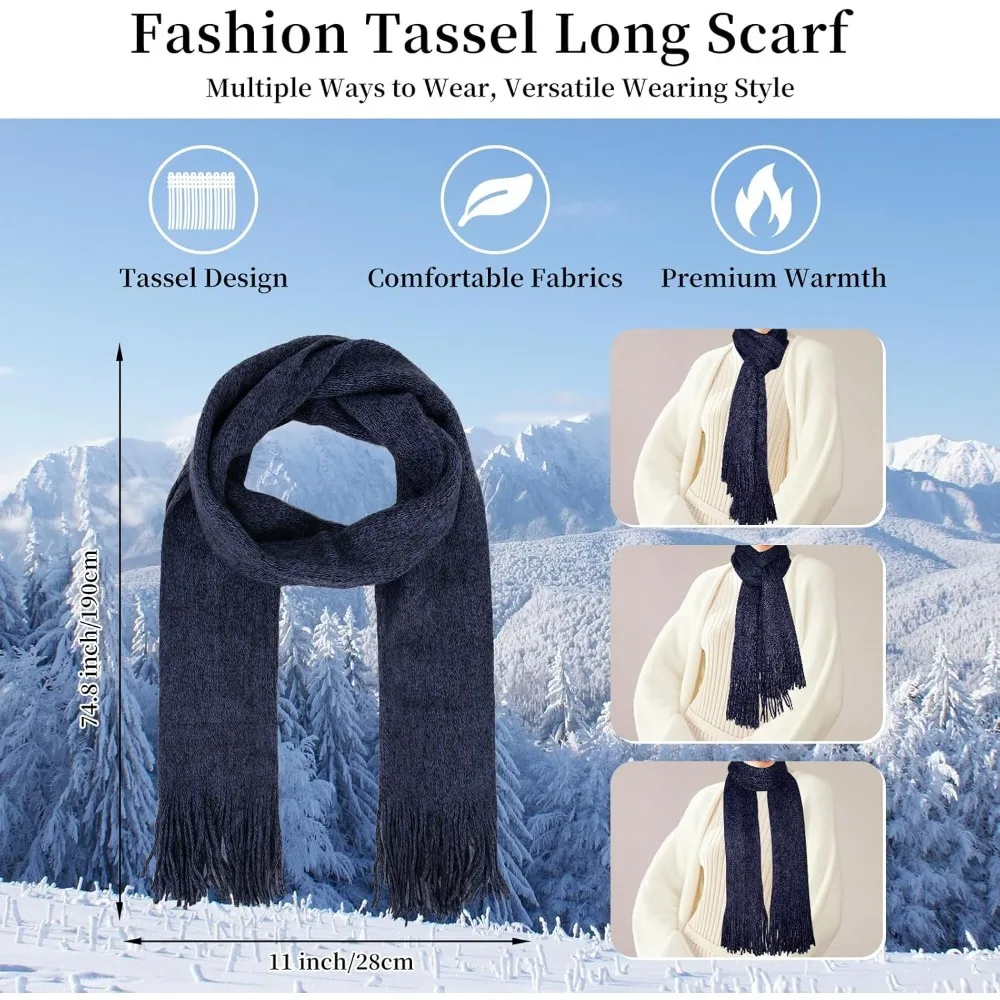 الشتاء الدافئة قبعة صغيرة قفازات لمس طقم وشاح طويل للنساء مع عقال، قبعة متماسكة الأوشحة مع شرابة للنساء