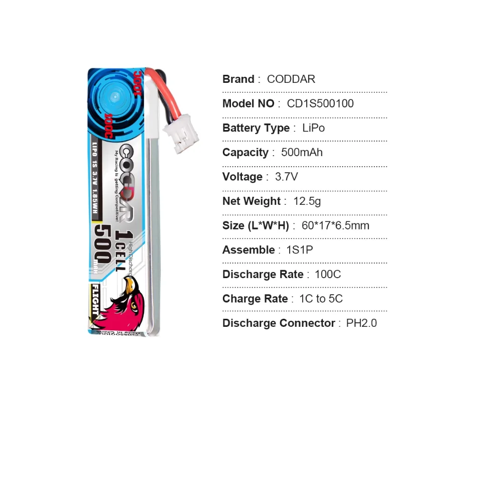 CODDAR 500MAH 1S 3.7V 100C Yinyan 2nd generation mobula7 Huafei lithium battery Whoop