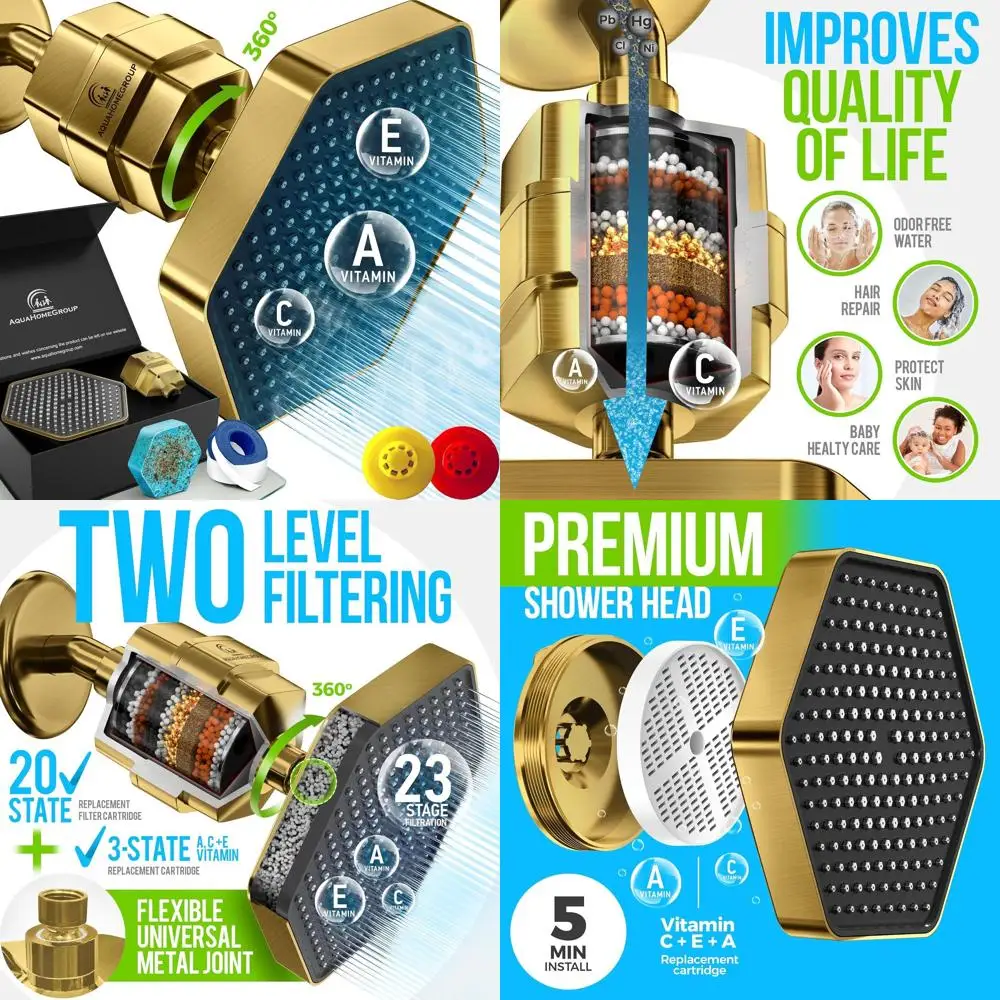 

Premium Shower Filter System - 20-Stage Hard Water, Chlorine, Fluoride, and Heavy Metals Filter with Vitamin C and E (Golden)