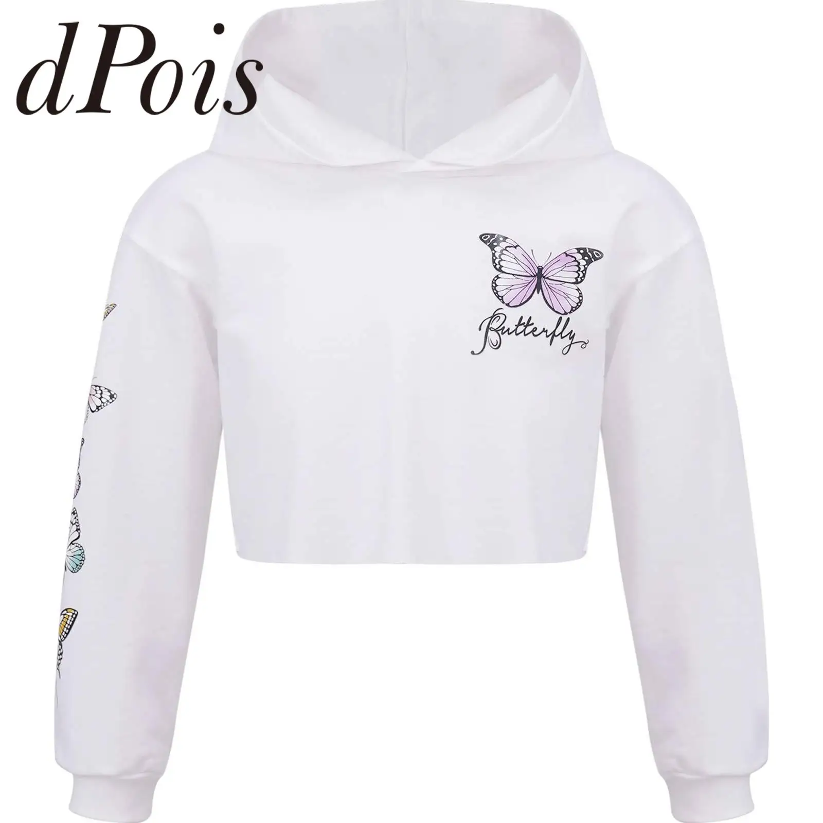 Sport Hoodies Kids Girls Sports Sweatshirt Children Long Sleeves Butterfly Print Cropped Hooded Sweatshirts Tops for Fitness Gym