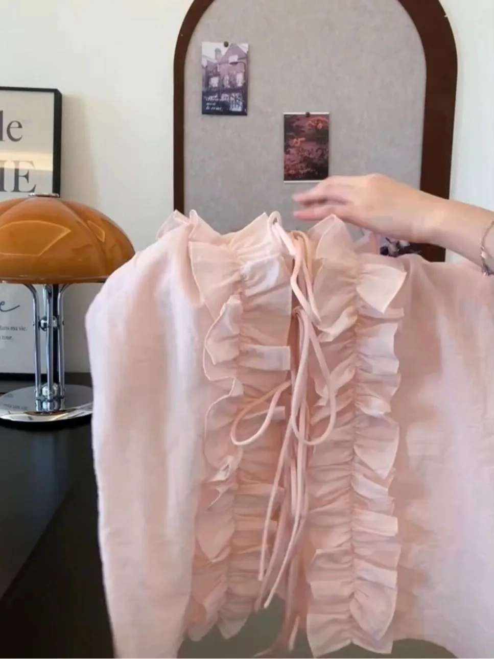 

Sweet Pink Long Sve irt Women's V-ne Tied Loose Slimming Top Breathable Cotton Polyester Spring Faionable Youthful