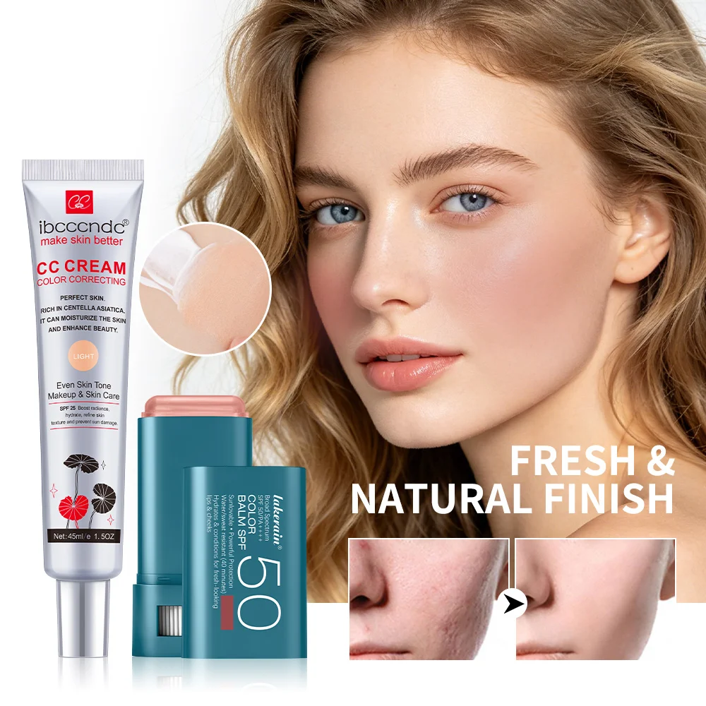2pcs/set Color Correcting CC Cream & Suncreen Blush Stick Long-Lasting Waterproof Natural Finish Face Makeup Korean Cosmetic view 2