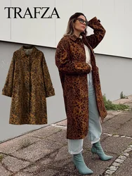 TRAFZA 2024 Woman Vintage Leopard Printed Loose Overcoat Women Long Sleeve With Pocket Lapel Long Jacket Coat Streetwear TRAF