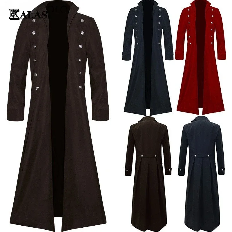 

Men Gothic Trench Medieval Steampunk Retro Coat Double-breasted Trim Solid Men's Lapel Coats Vintage Long Trench