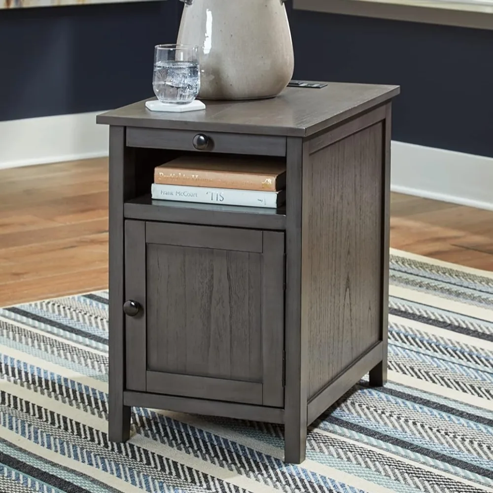 Treytown Casual Compact Chairside End Table with a Storage Cabinet, Open Cubby Shelf, Pull-Out Tray & USB Charging Ports, Brown