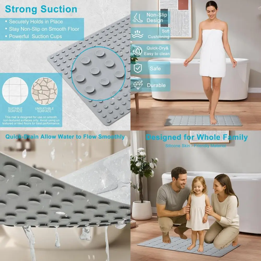 

Foldable Silicone Tub Mat with Suction Cups, Drainage Holes, and Machine Washable for Large Bathrooms, 35.8x17.7, Grey