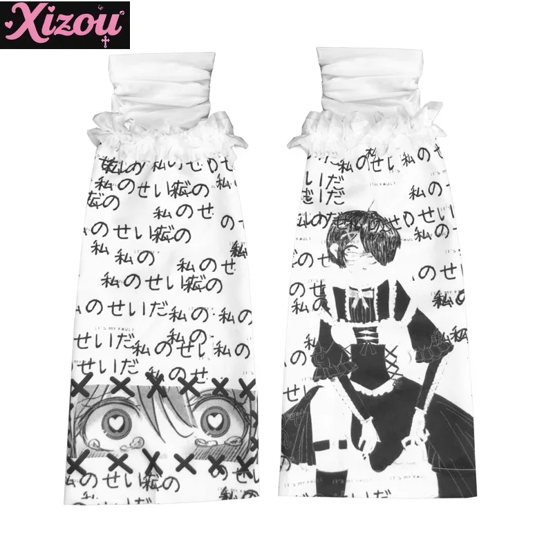 Calentadores de piernas subcultura Y2k para mujer, calcetín largo japonés Harajuku, cubierta para pies, parche de encaje con estampado Kawaii de dibujos animados, puños para botas