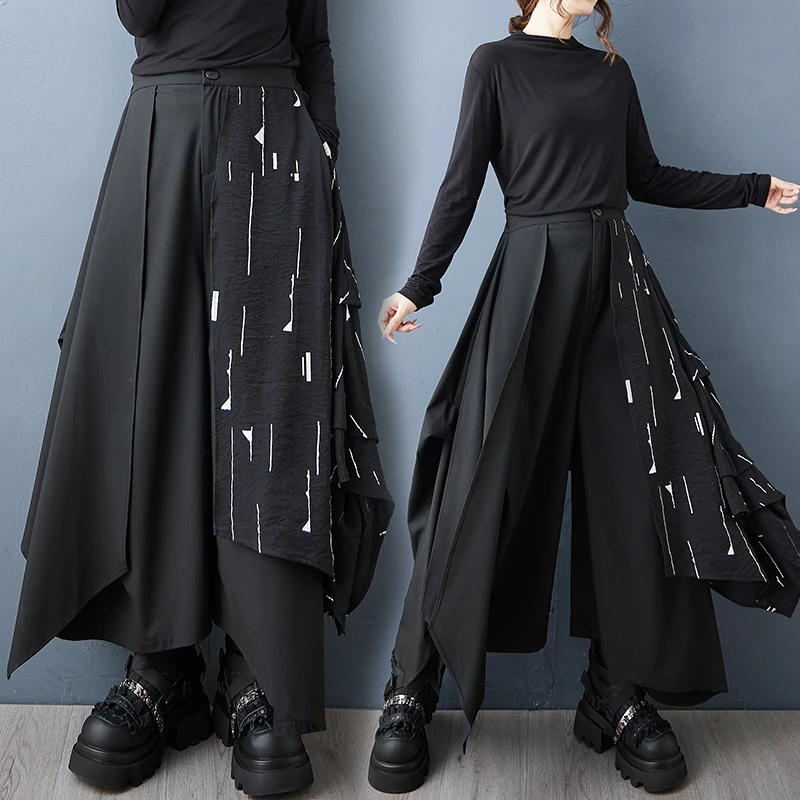 Fashionable Dark Style Asymmetrical Wide Leg Pants Skirt High Waist Nine Points Polyester Cotton Blend Non-Fur Printed Casual...