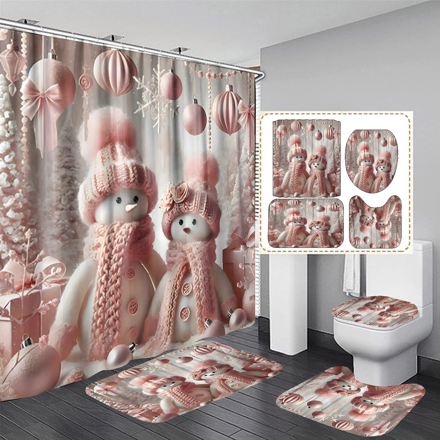 4Pcs Cute Xmas Snowman Bath Set – Shower Curtain, Bath Mat, U-Shaped Toilet Cover, 12 Hooks
