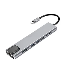 Koncentrator 8 w 1 typu C 3.1 USB C do RJ45 USB 3.0 4K HDMI kompatybilny z czytnikiem kart SD/TF USB-C PD Rozdzielacz szybkiego ładowania dla MacBook Pro