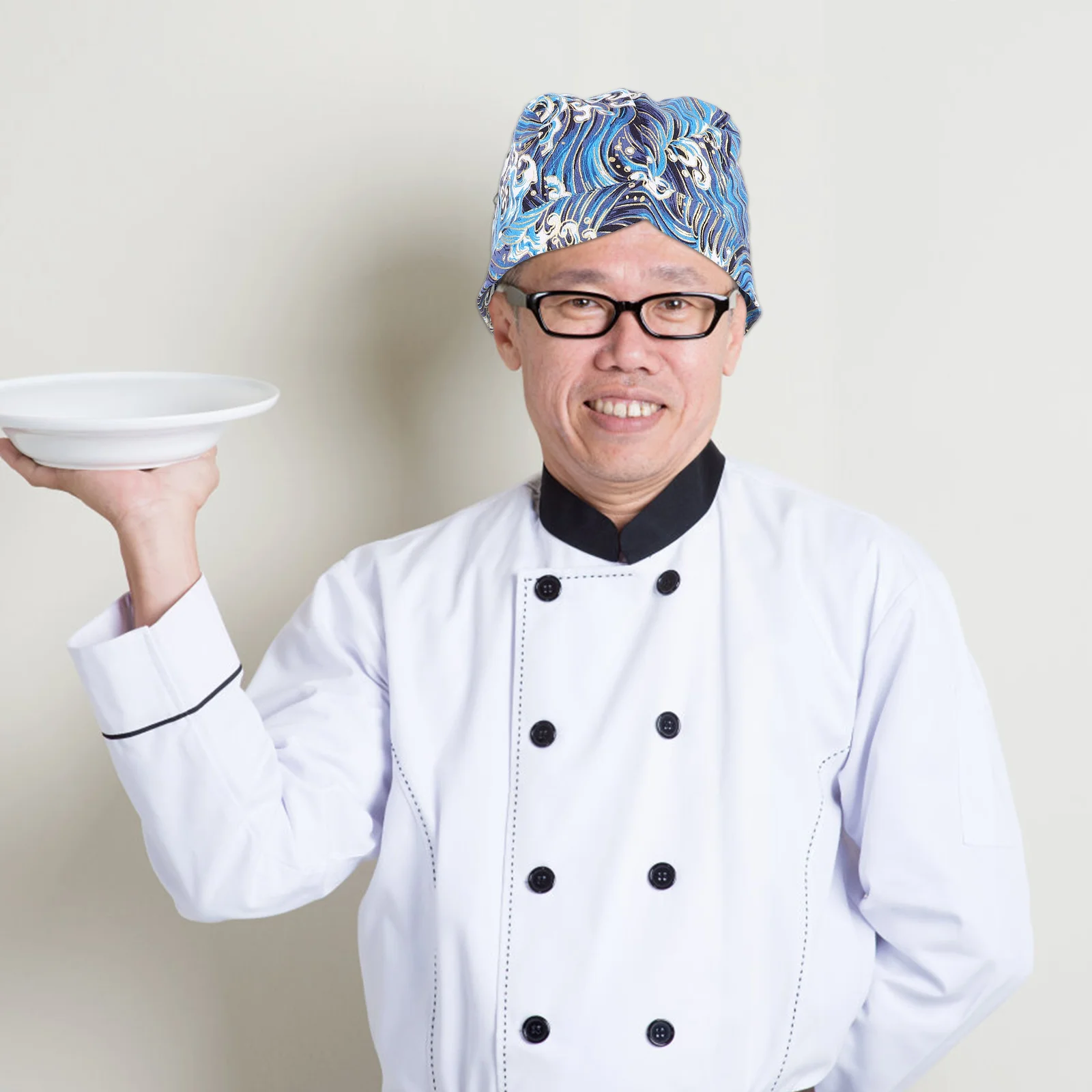 Japanese Restaurant Chef Hat Unisex Wave Pattern Adjustable Kitchen Work Cap Non Fade Comfortable Professional Look Service