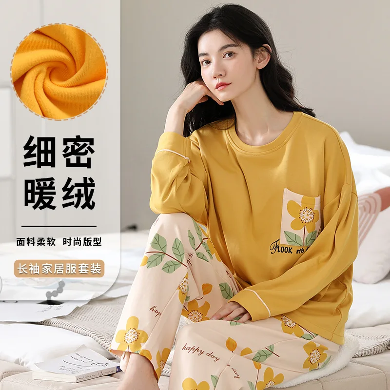pajamas girl's female autumn winter Women's Clothing keep warm Sleepwear long sleeves Pajama Set cartoon PJ Set homewear suit