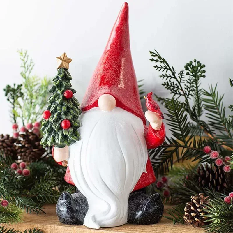 

New Mini Santa Care Christmas Tree Statue Garden White Beard Dwarf Sculpture Resin Crafts Holiday Party Tabletop Decorations