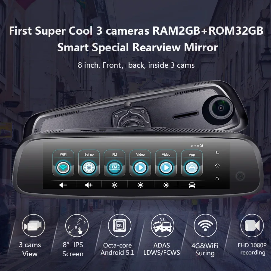 ใหม่สามกล้อง dashcam 8 นิ้วสตรีมมิ่งกระจกมองหลังภาพย้อนกลับ Android นําทาง dashcam