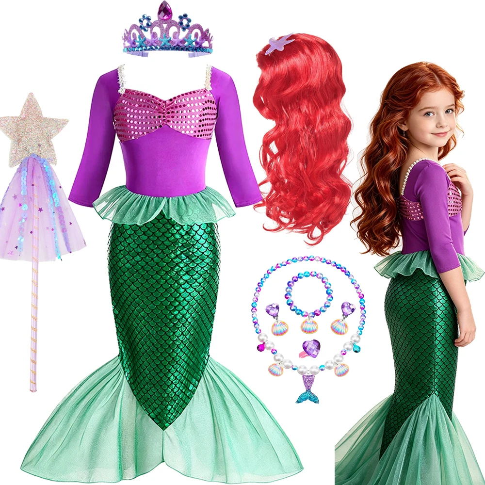 Mermaid Long Sleeve Dress Costume with Crown Necklace Gloves for Girls Party Carnival Cosplay