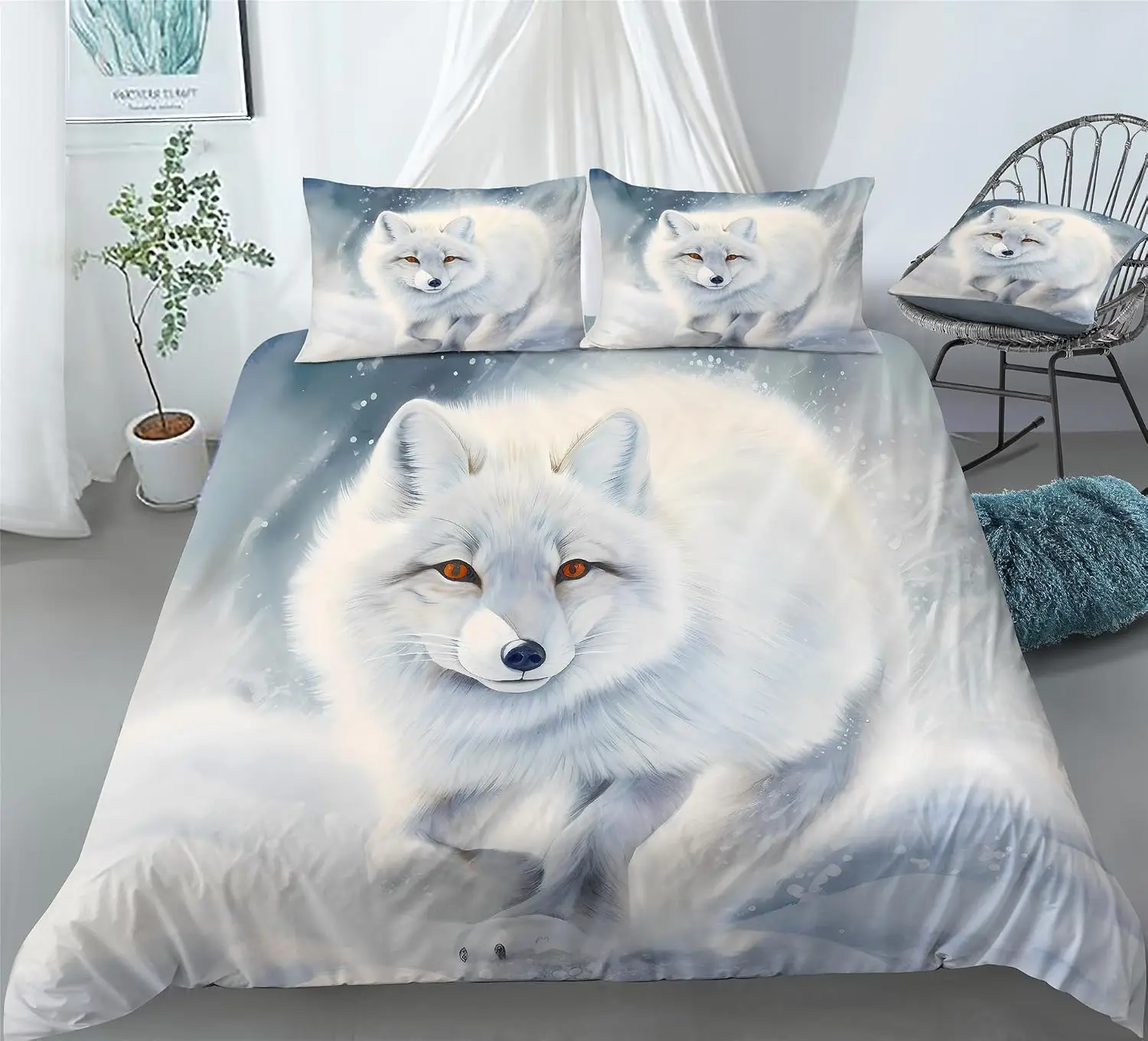 White Snow Fox Duvet Cover Full King Size Cartoon Arctic Fox Animal Bedding Set Winter Snowscape Comforter Cover for Girls Women