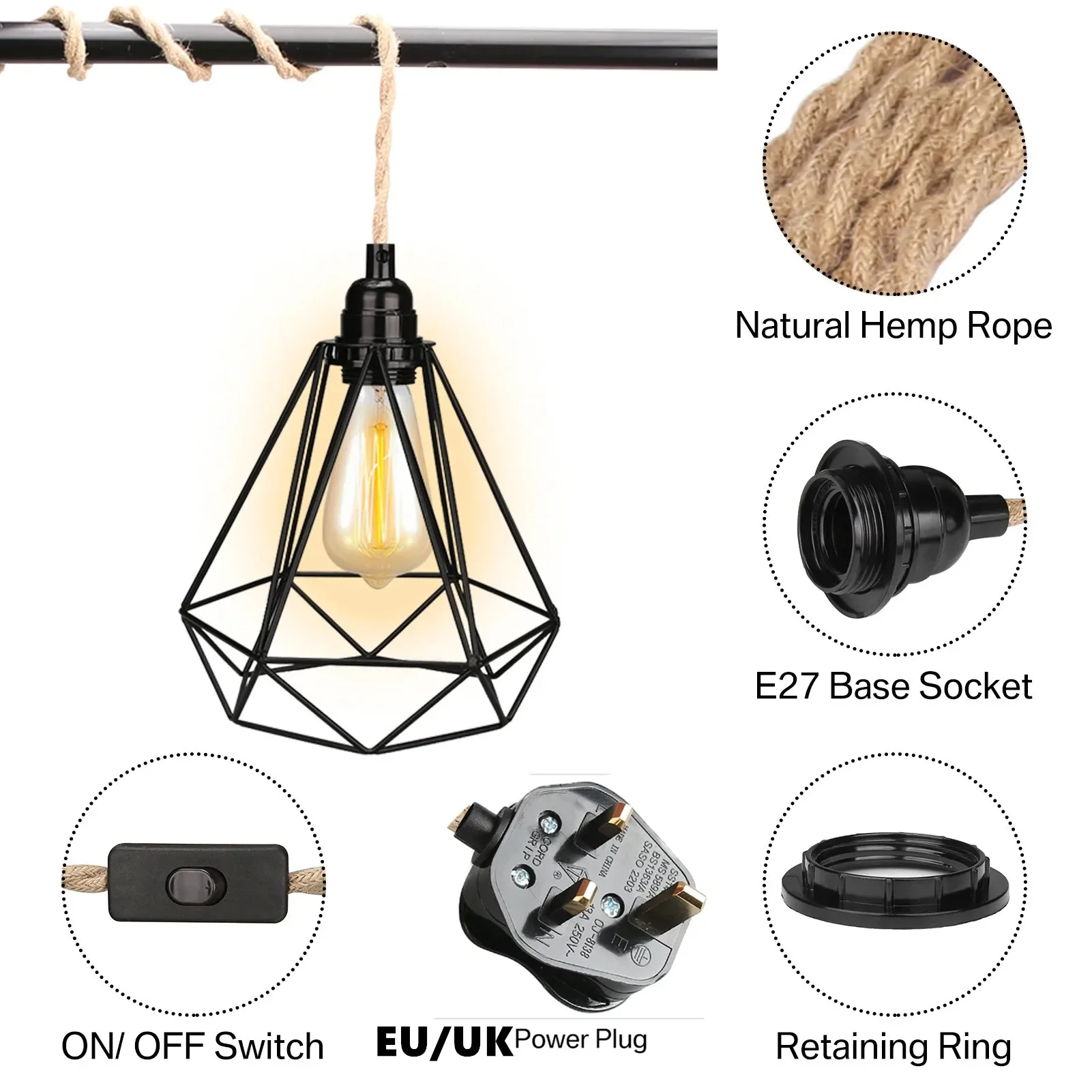 2.5m-6.7m Hanging Pendant Light Kit with Switch Plug Socket E27 Compatible Vintage Farmhouse Lamp Hemp Rope Cable Rustic Decor