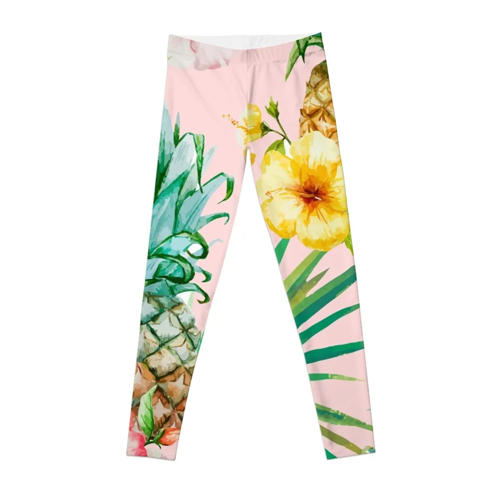 

Hawaii Vintage Tropical Botanical Jungle Floral Watercolor Blush Pastel Pineapple Palm Painting Leggings