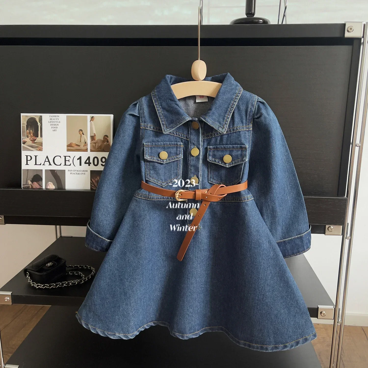 1 3 5 7 9 10Y New Korean Girl Denim Long Sleeve Dress Children Wash Soft Denim Dress 90-140cm