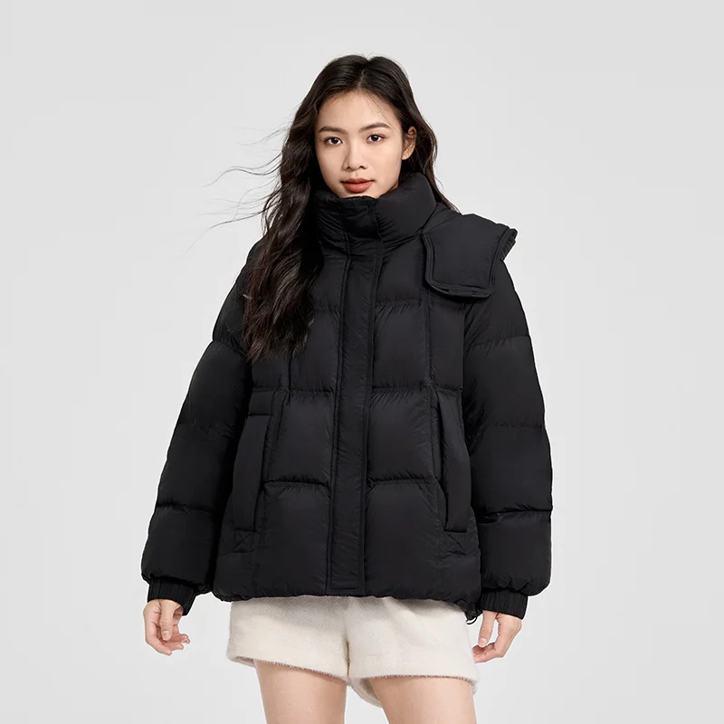 Chericom Chaqueta de plumón para mujer 90 relleno de plumón de pato 2025 capucha desmontable cuello alto bolsillo cálido ropa de abrigo corta acolchada Y308190Y
