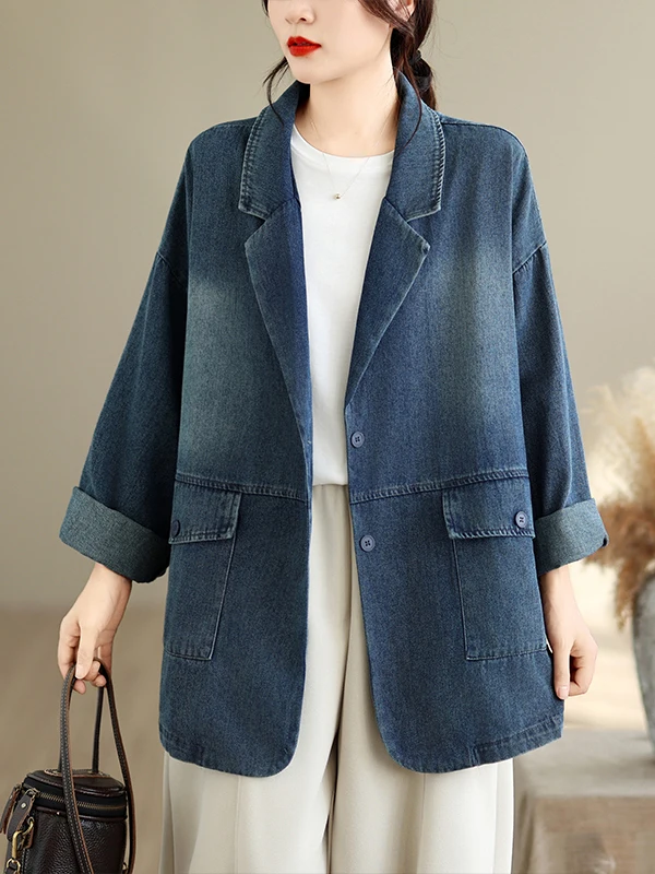 Retro Artistic plus Size Denim Cardigan Women's Autumn Winter Fashion Outerwear Washed Jacket Versatile Long Sleeve Polyester