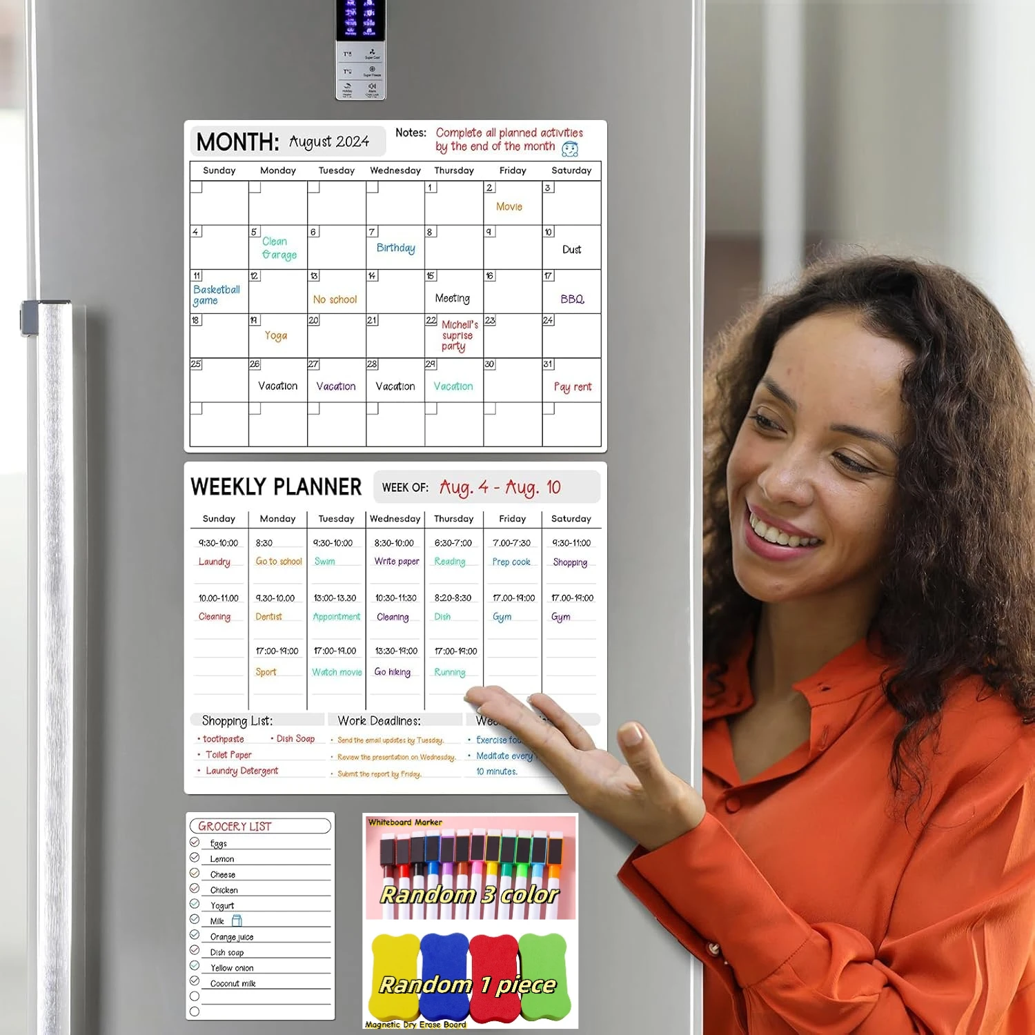 7PCS (3 Pack & with 3 Markers & 1 Eraser) Magnetic Dry Erase Calendar Refrigerator Planning Boards, Fridge Whiteboard Planner Mo